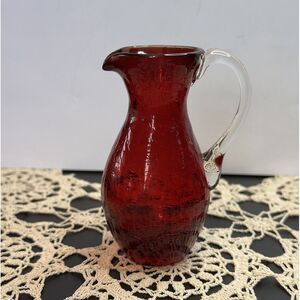 Kanawha Ruby Crackle Hand Blown Glass Pitcher Vase‎ Clear Handle